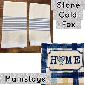 3 Dish towels 2 oversized Stone Cold Fox & 1 Mainstays says HOME blue & white